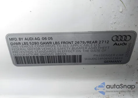 2006 Audi A6 3.2 z USA, uszkodzony, nr VIN WAUDG74F06N033643